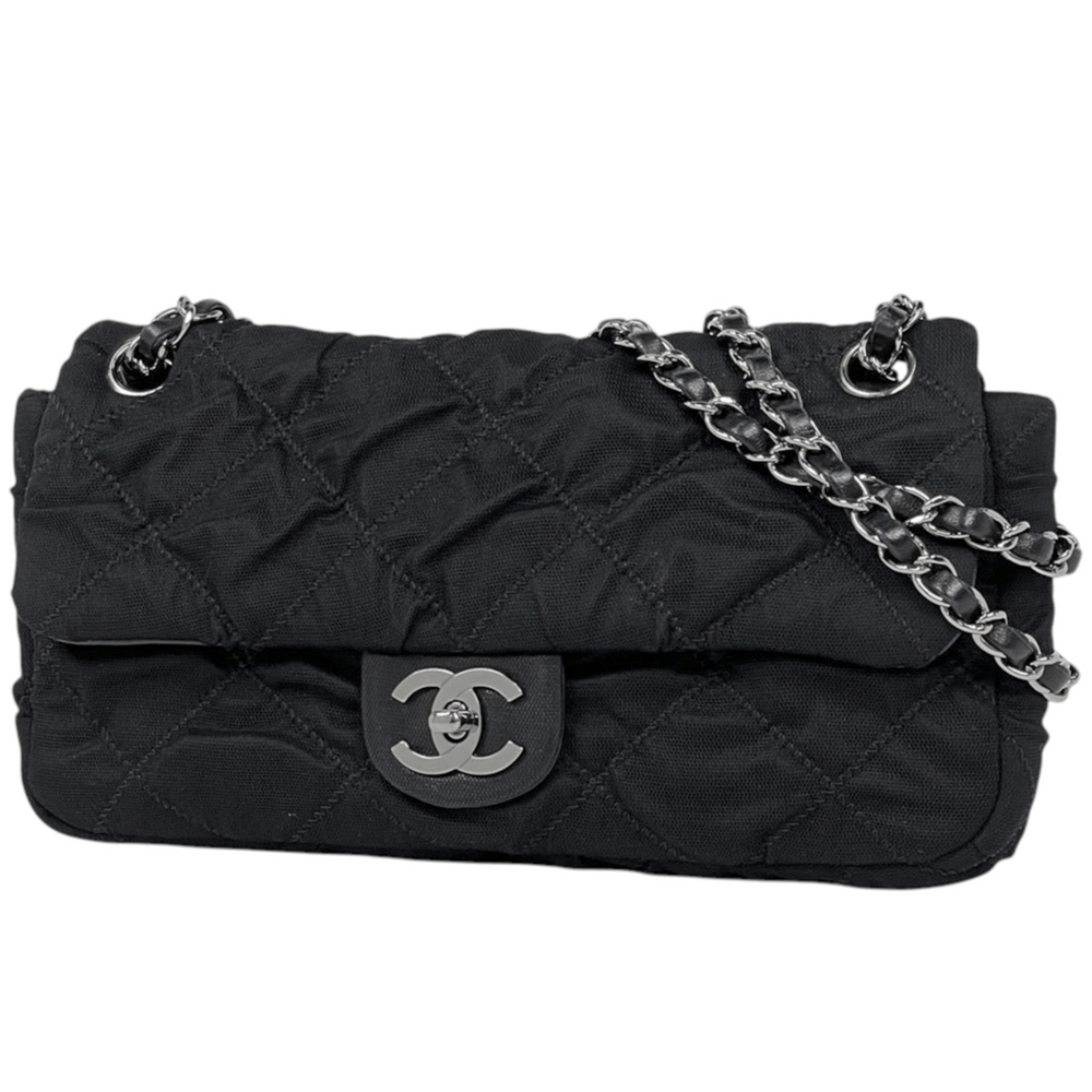 Chanel Matelassé Shoulder Bag with Double Chain, Canvas, Black, Women's